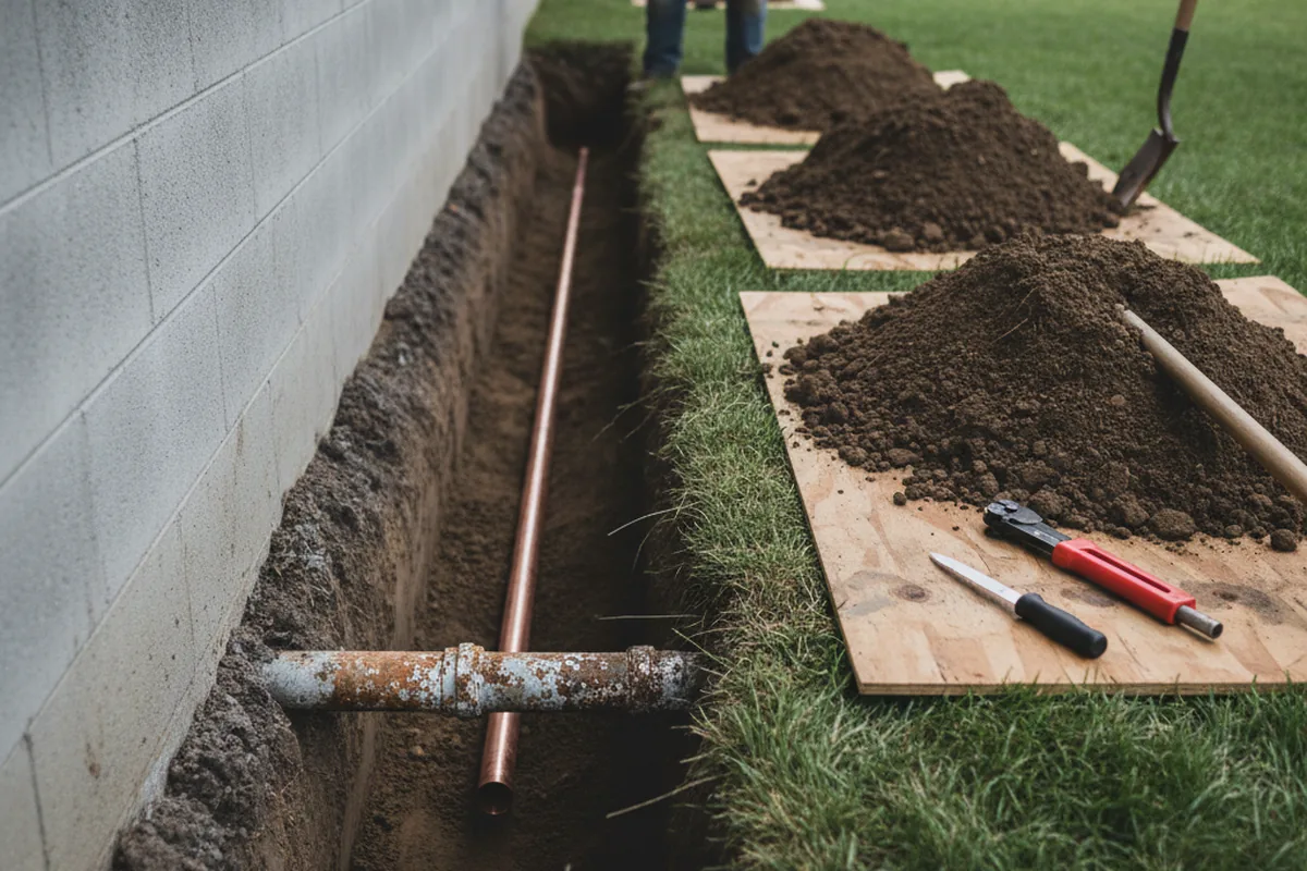 Excavated water line trench during Sewer Line Repair in Ferris